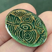 1 Vintage Green German Etched Gold Oval Glass Cabochon - Sea Beads