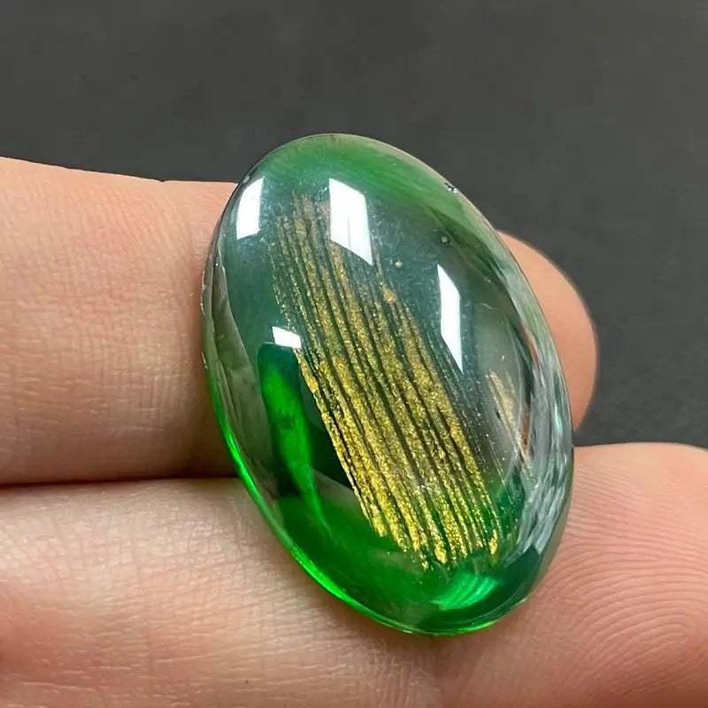 1 Vintage Green Gold Oval Glass Cabochon - Sea Beads