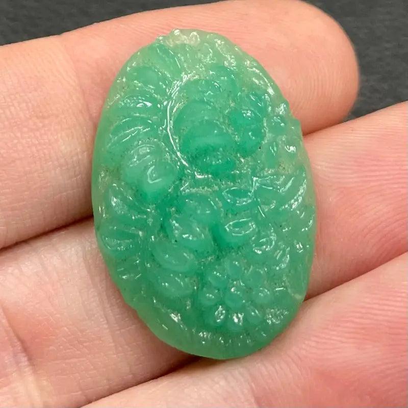 1 Vintage Green Jadeite Floral Etched Oval Glass Cabochon - Sea Beads