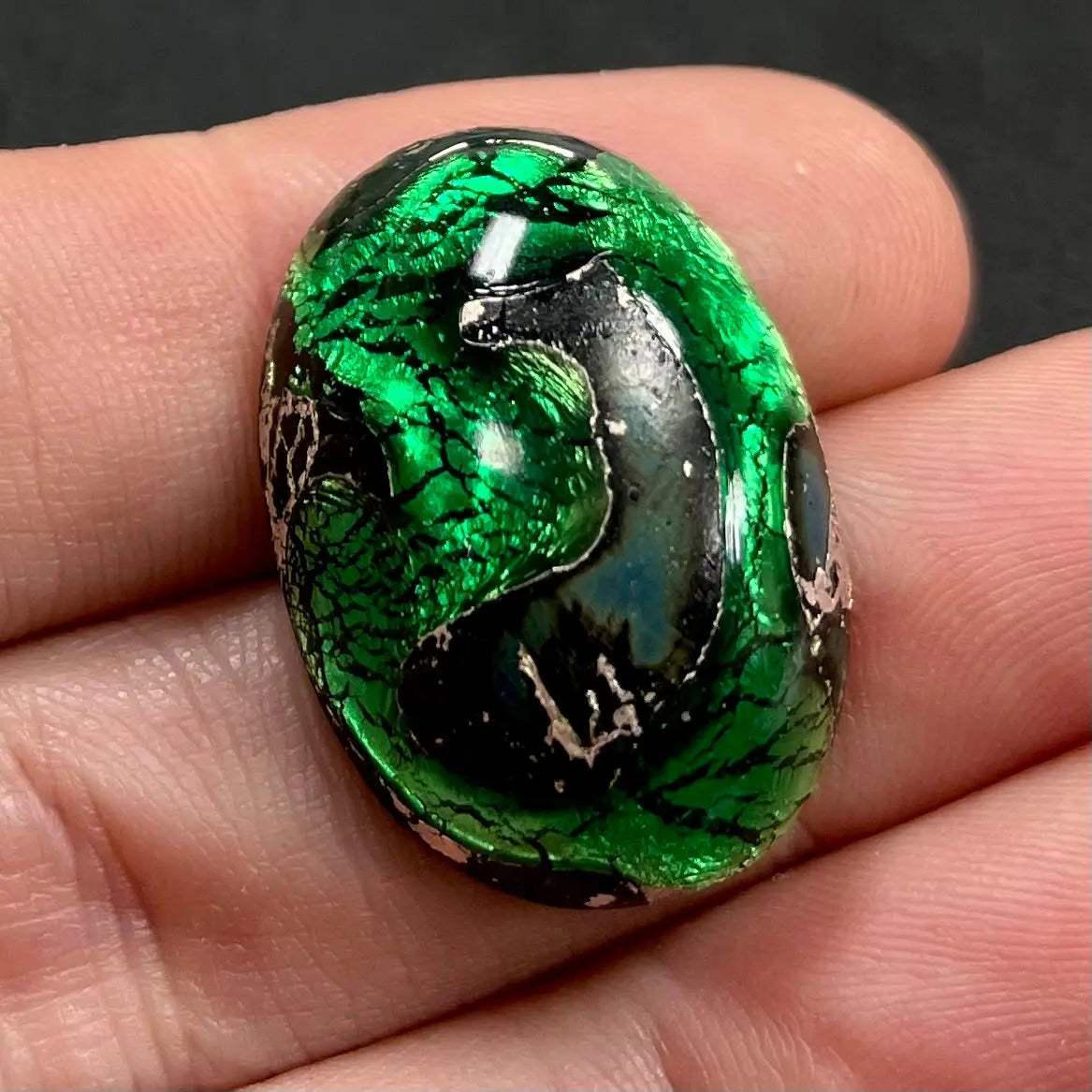 1 Vintage Green Japan Foil Large Oval Glass Cabochon - Sea Beads