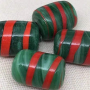 1 Vintage Green Red Cylindrical Glass Bead - Sea Beads