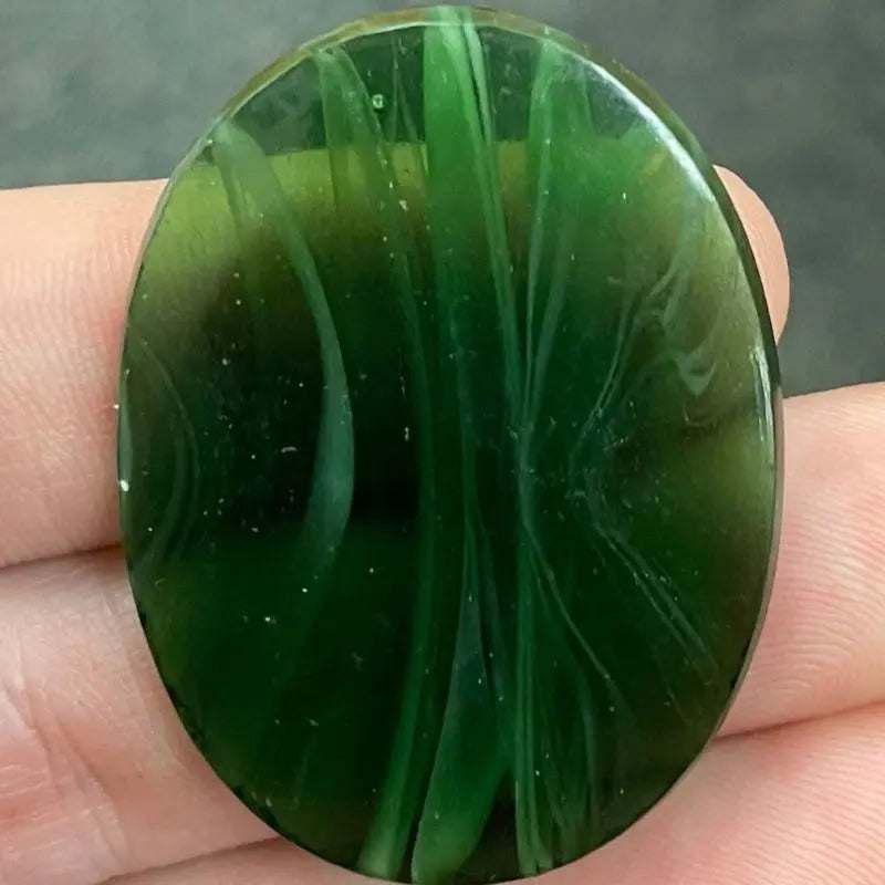 1 Vintage Green Slag Large Oval Glass Cabochon - Sea Beads
