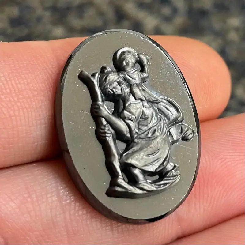 1 Vintage Gunmetal Figurine Oval Glass Cabochon - Sea Beads