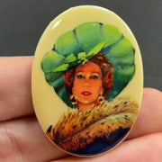 1 Vintage Ivory Green Hat Lady Acrylic Oval Cabochon - Sea Beads