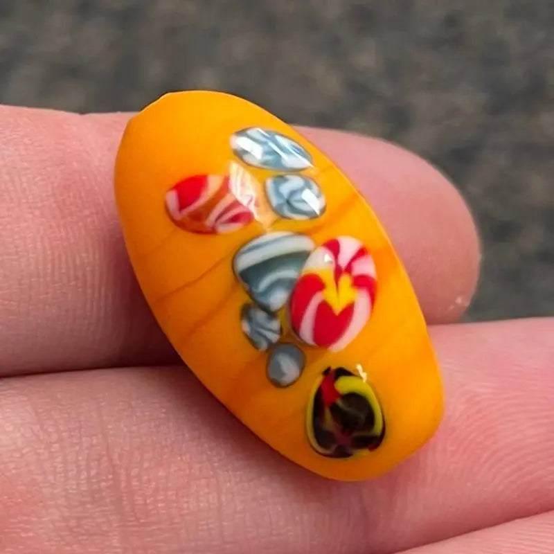 1 Vintage Orange Japan Millefiori Oval Glass Bead - Sea Beads