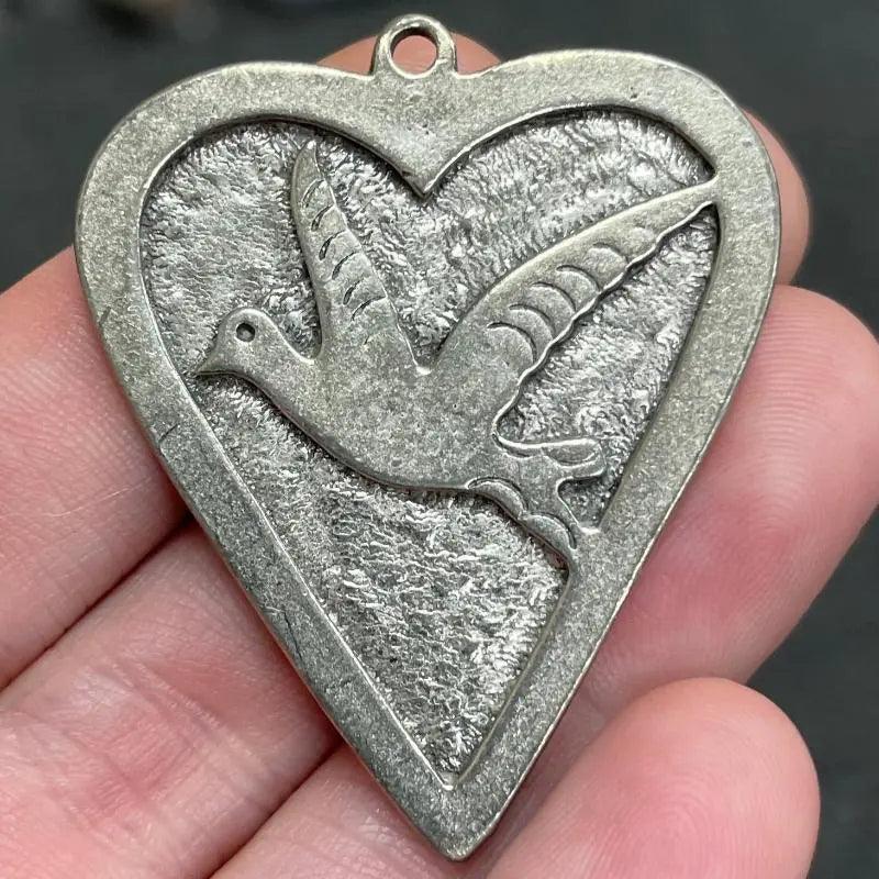 1 Vintage Pewter Dove Heart Pendant - Sea Beads