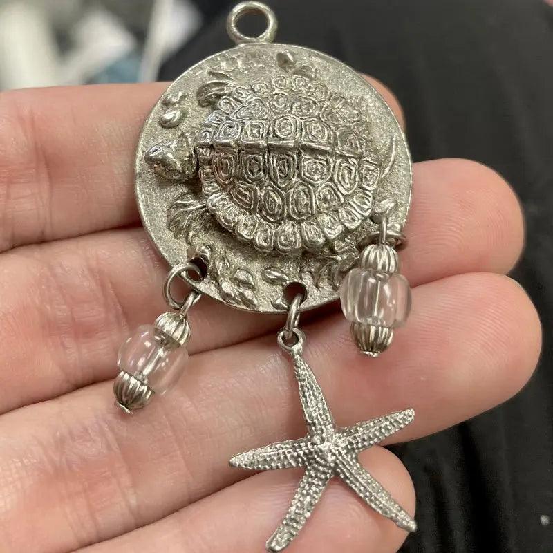 1 Vintage Pewter Sea Turtle Starfish Metal Pendant - Sea Beads