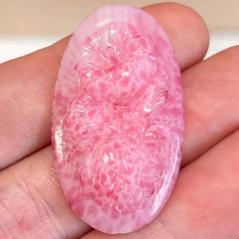 1 Vintage Pink Floral Oval Glass Cabochon - Sea Beads
