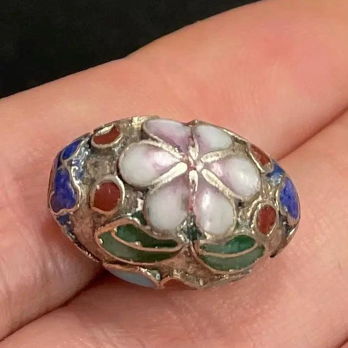 1 Vintage Silver Cloisonne Oval Bead - Sea Beads