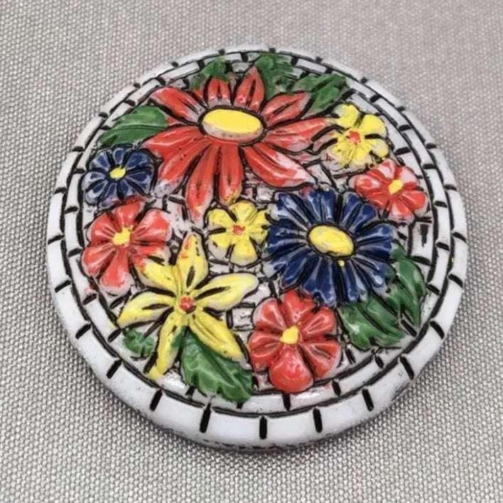 1 Vintage White German Hand Painted Floral Glass Cabochon - Sea Beads