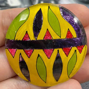 1 Vintage Yellow Czech Hand Painted Deco Round Glass Stone - Sea Beads