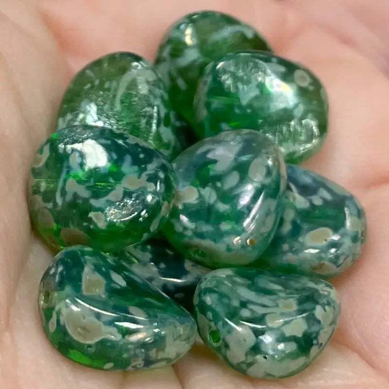 10 Green Czech Picasso Wavy Oval Glass Beads - Sea Beads