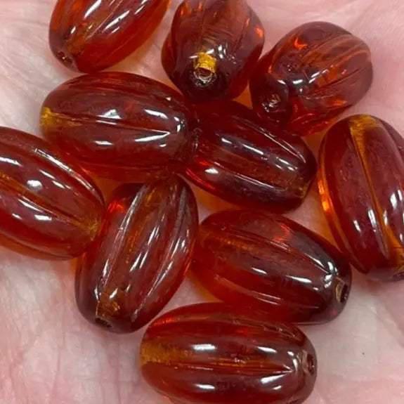 10 Vintage Amber Czech Ribbed Oval Glass Beads - Sea Beads