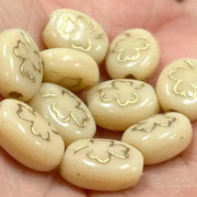 10 Vintage Beige Shamrock Czech Oval Glass Beads - Sea Beads