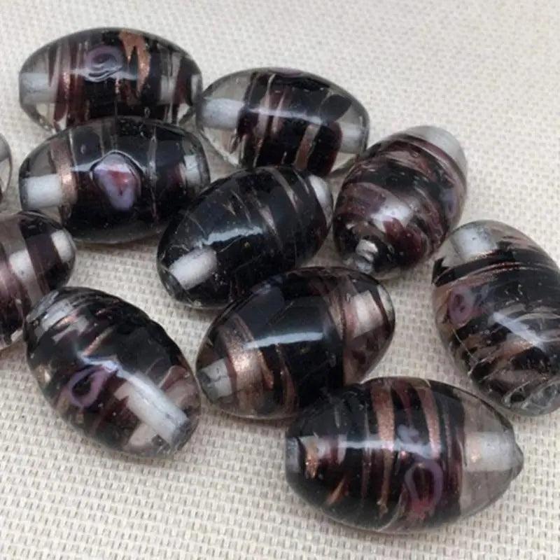 10 Vintage Black Clear Oval Glass Beads - Sea Beads