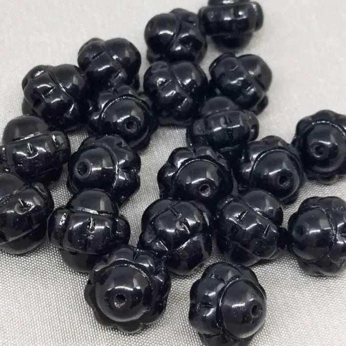 10 Vintage Black Czech Carved Saturn Glass Beads - Sea Beads