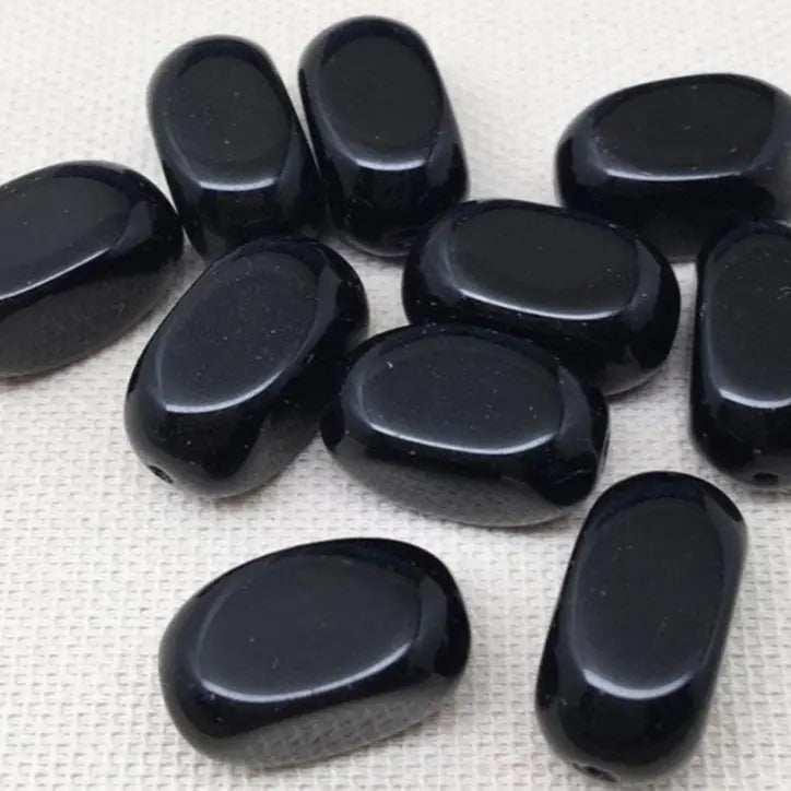10 Vintage Black Czech Oval Glass Beads - Sea Beads