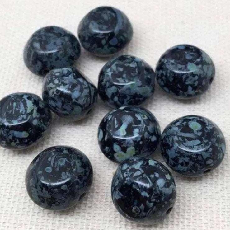 10 Vintage Black Czech Picasso Glass Beads - Sea Beads