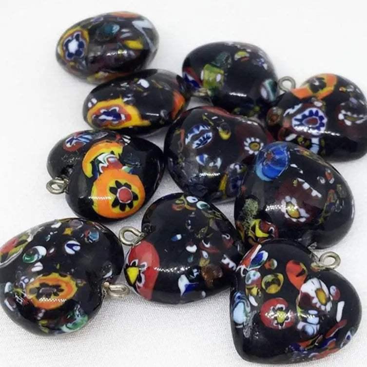 10 Vintage Black Millefiori Heart Glass Beads - Sea Beads