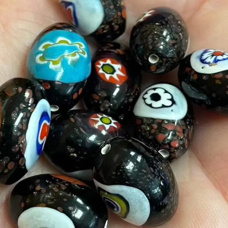 10 Vintage Black Millefiori Oval Glass Beads - Sea Beads
