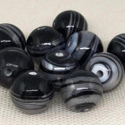 10 Vintage Black Silver Striped Round Glass Beads - Sea Beads