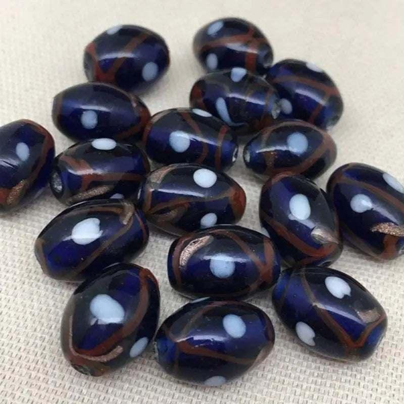10 Vintage Blue Abstract Oval Glass Beads - Sea Beads