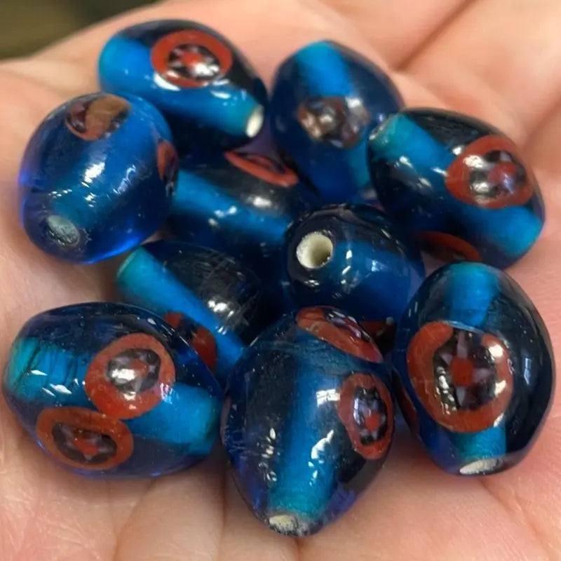 10 Vintage Blue Aqua Dark Abstract Oval Glass Beads - Sea Beads