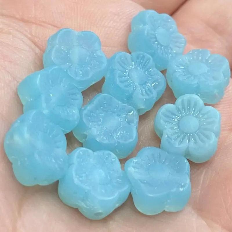 10 Vintage Blue Aqua German Daisy Flower Glass Beads - Sea Beads