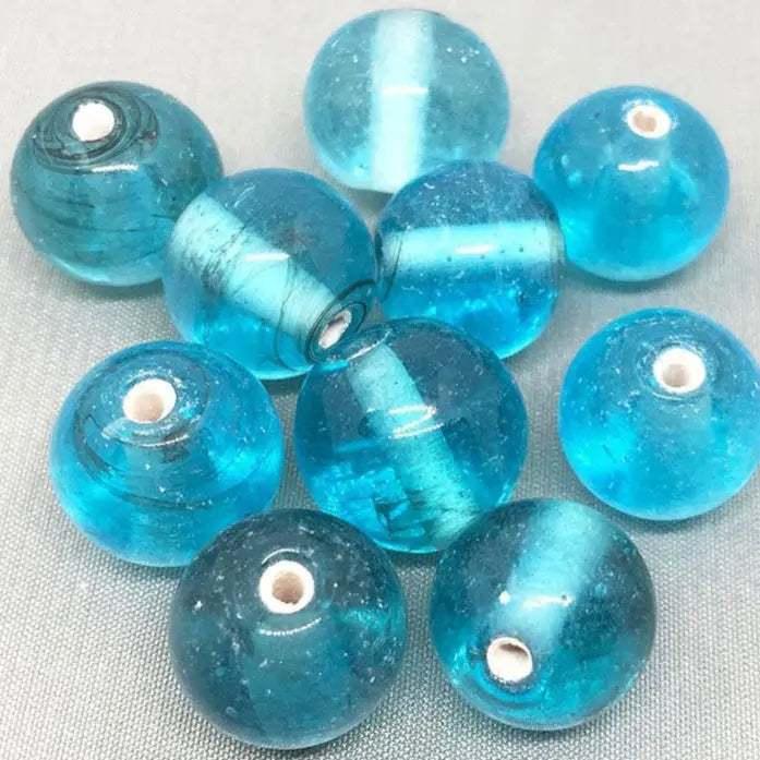 10 Vintage Blue Aqua Round Transparent Glass Beads - Sea Beads