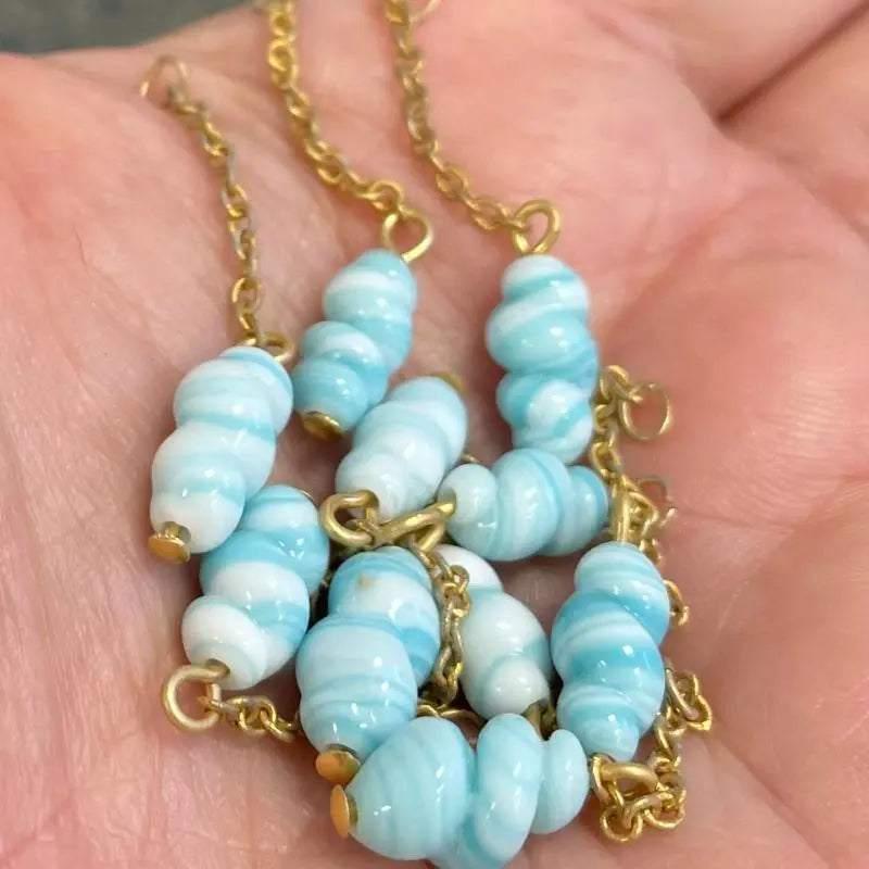 10 Vintage Blue Aqua White Japan Spiral Glass Dangles - Sea Beads