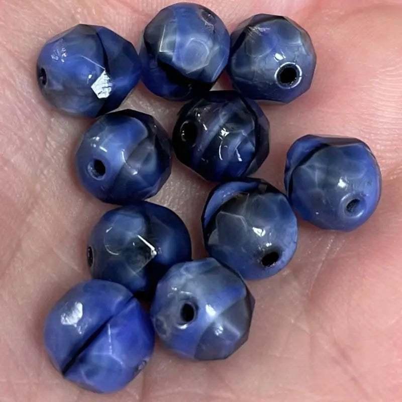 10 Vintage Blue Black Faceted Glass Beads - Sea Beads