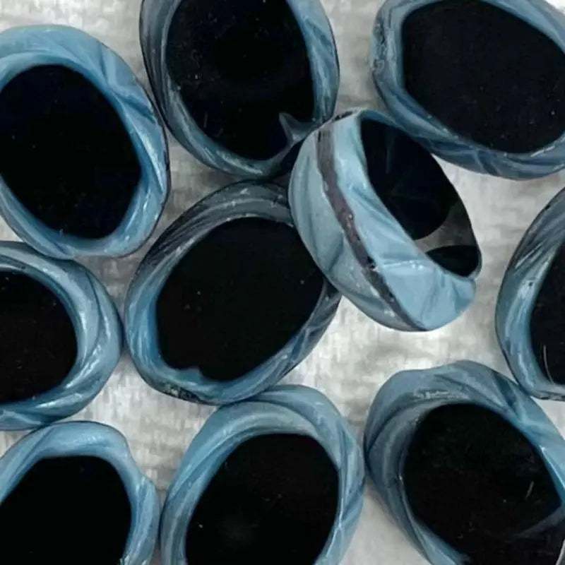 10 vintage blue black German window oval glass beads with blue edging, 11mm x 9mm.
