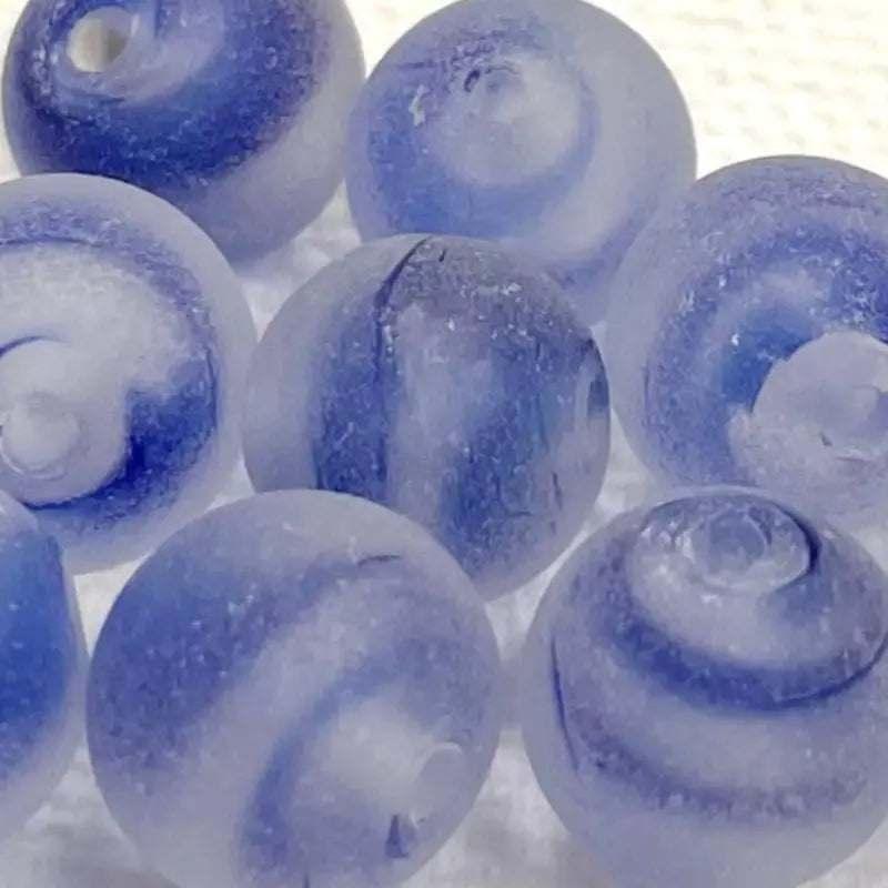 10 Vintage Blue Clear African Round Matte Glass Beads - Sea Beads