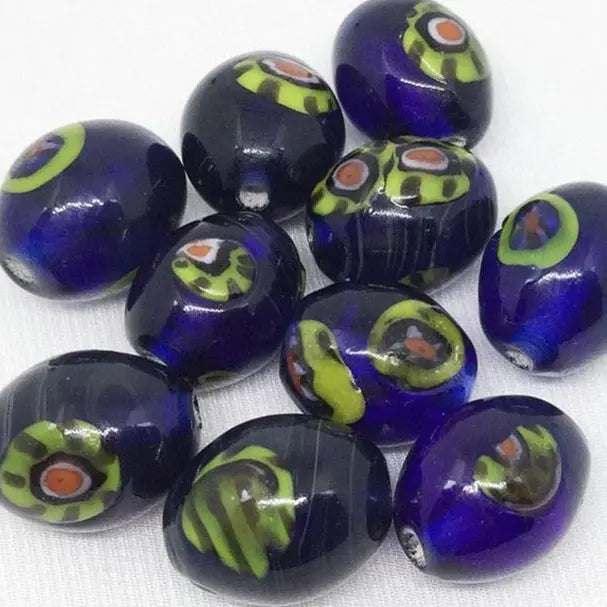 10 Vintage Blue Cobalt Millefiori Oval Glass Beads - Sea Beads