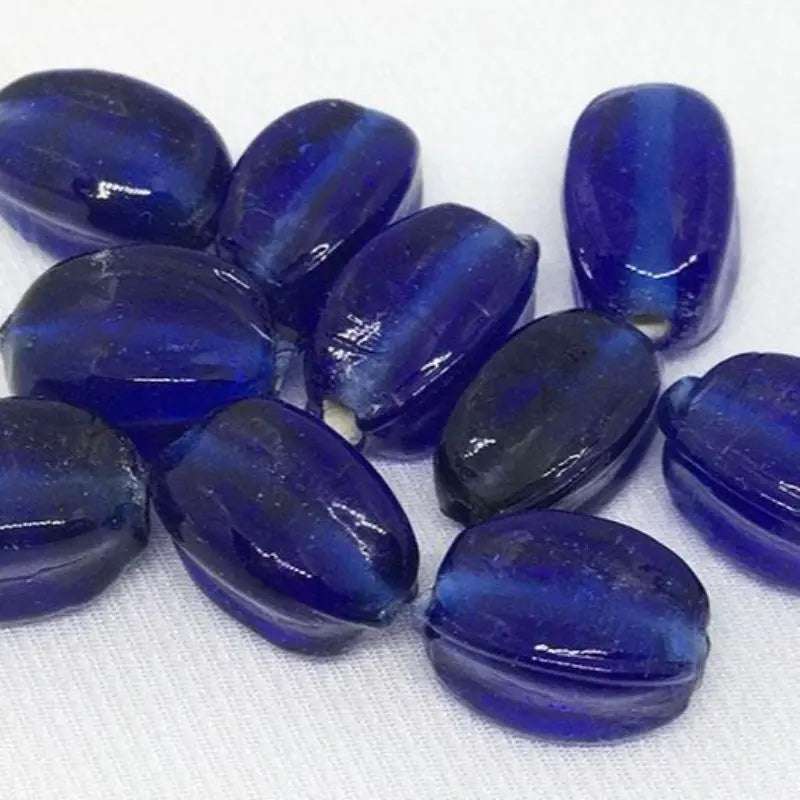 10 vintage blue cobalt oval glass beads, 12x8mm, baroque style.
