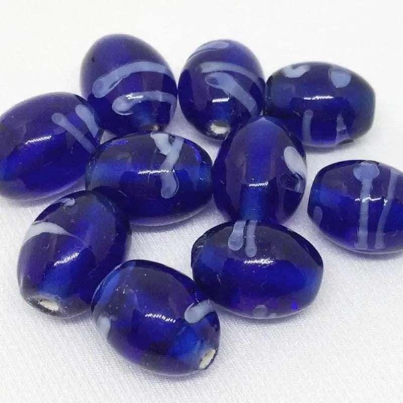 10 Vintage Blue Cobalt Oval Striped Glass Beads - Sea Beads