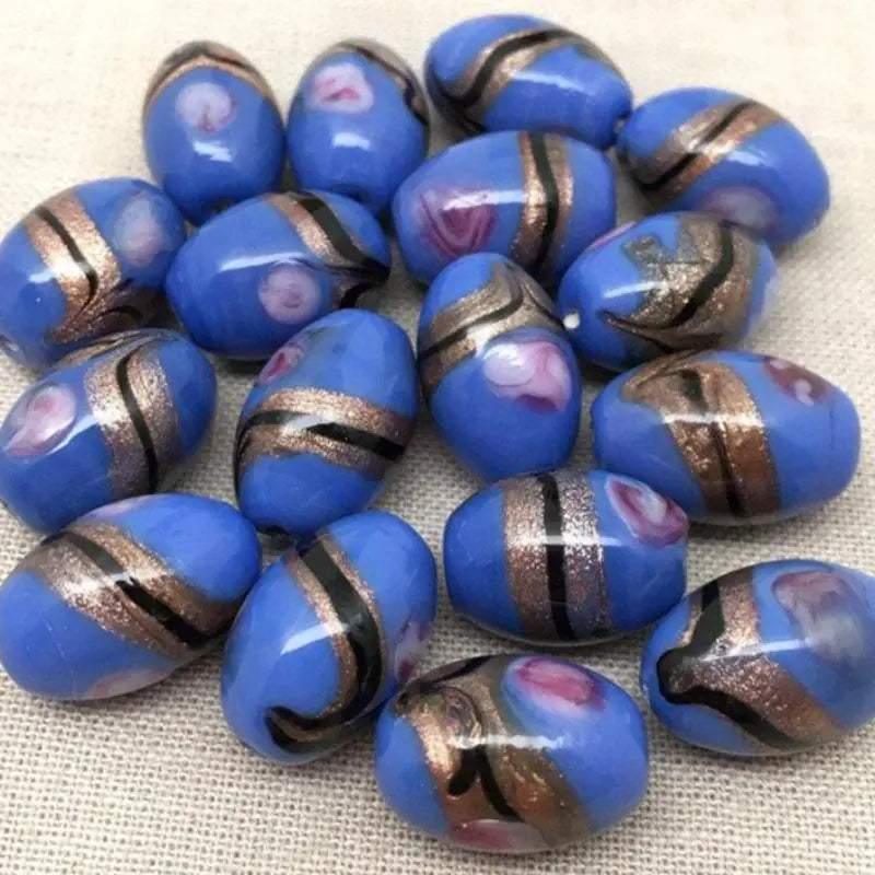 10 Vintage Blue Cornflower Blue Oval Glass Beads - Sea Beads