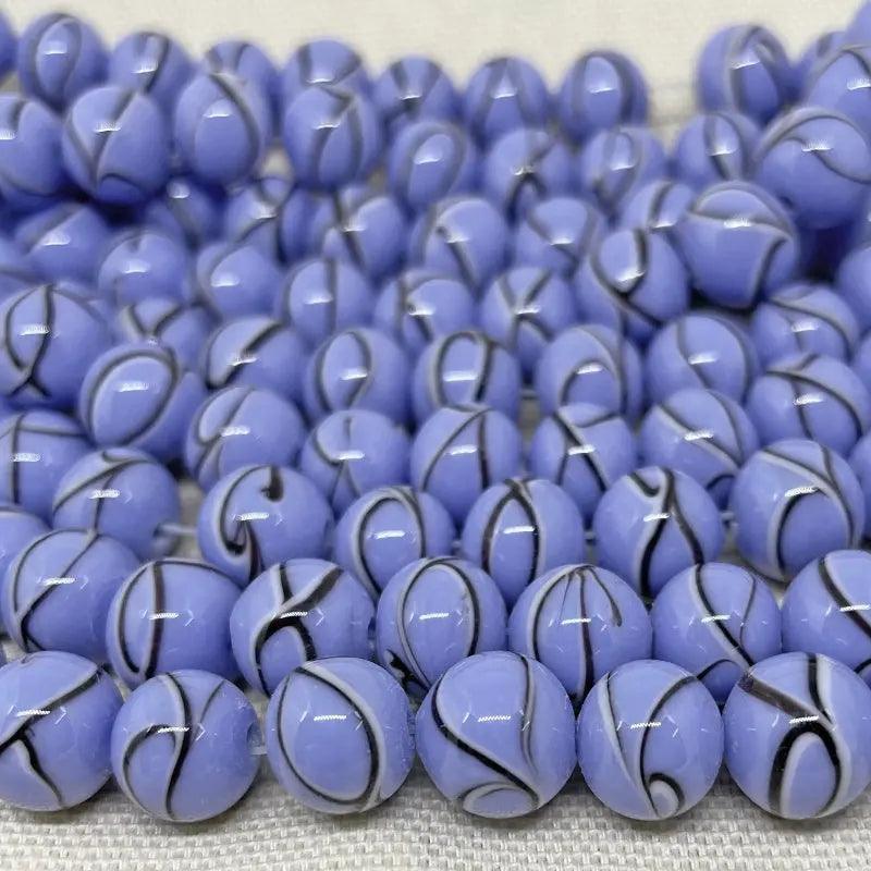 10 Vintage Blue Cornflower Japan Striped Round Glass Beads - Sea Beads