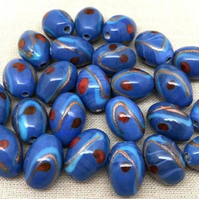 10 Vintage Blue Cornflower Oval Glass Beads - Sea Beads