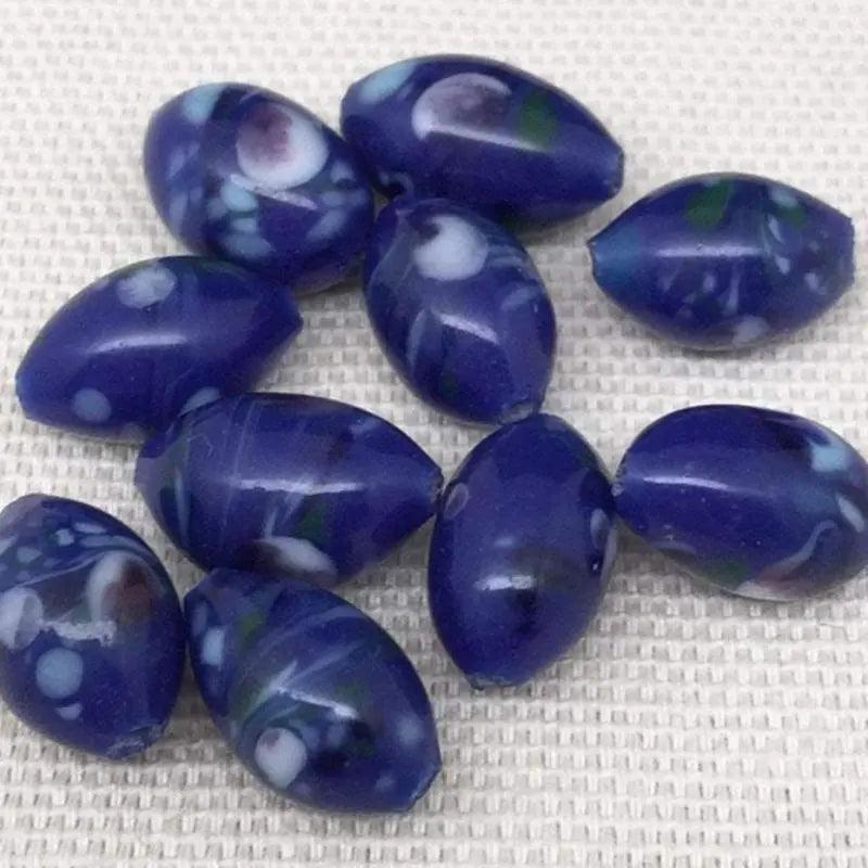 10 Vintage Blue Dark Japan Millefiori Oval Glass Beads - Sea Beads