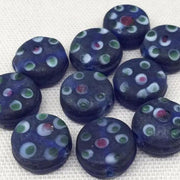10 Vintage Blue Dark Matte Polka Dot Coin Glass Beads - Sea Beads