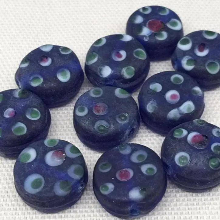 10 Vintage Blue Dark Matte Polka Dot Coin Glass Beads - Sea Beads
