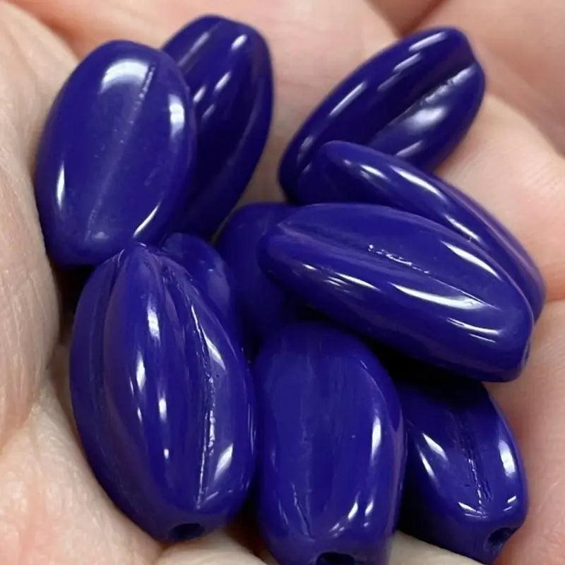 10 Vintage Blue Dark Oval Glass Beads - Sea Beads