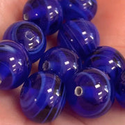 10 Vintage Blue Japan Round Striped Glass Beads - Sea Beads