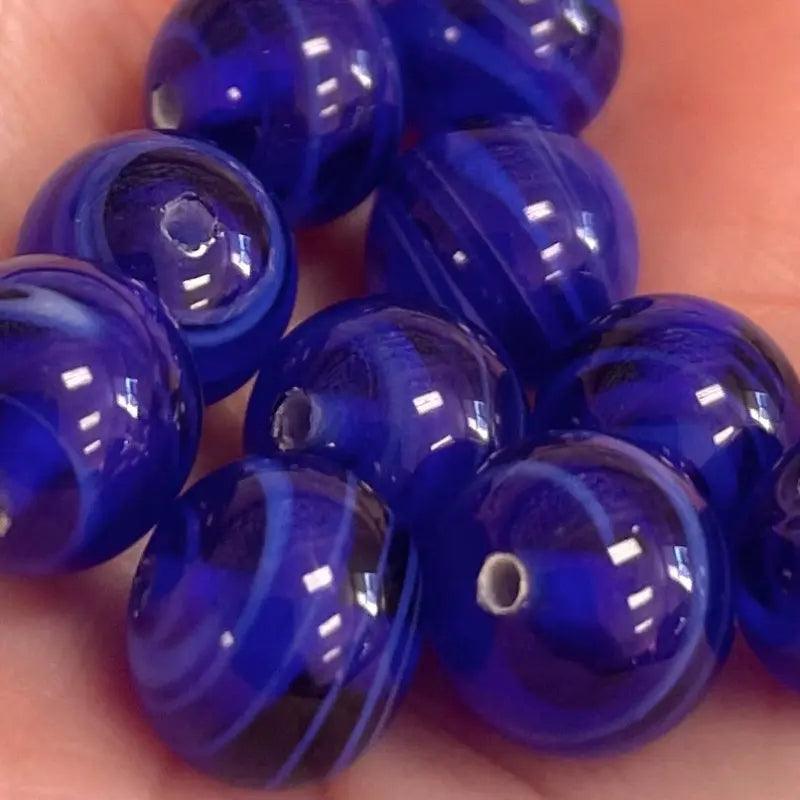 10 Vintage Blue Japan Round Striped Glass Beads - Sea Beads