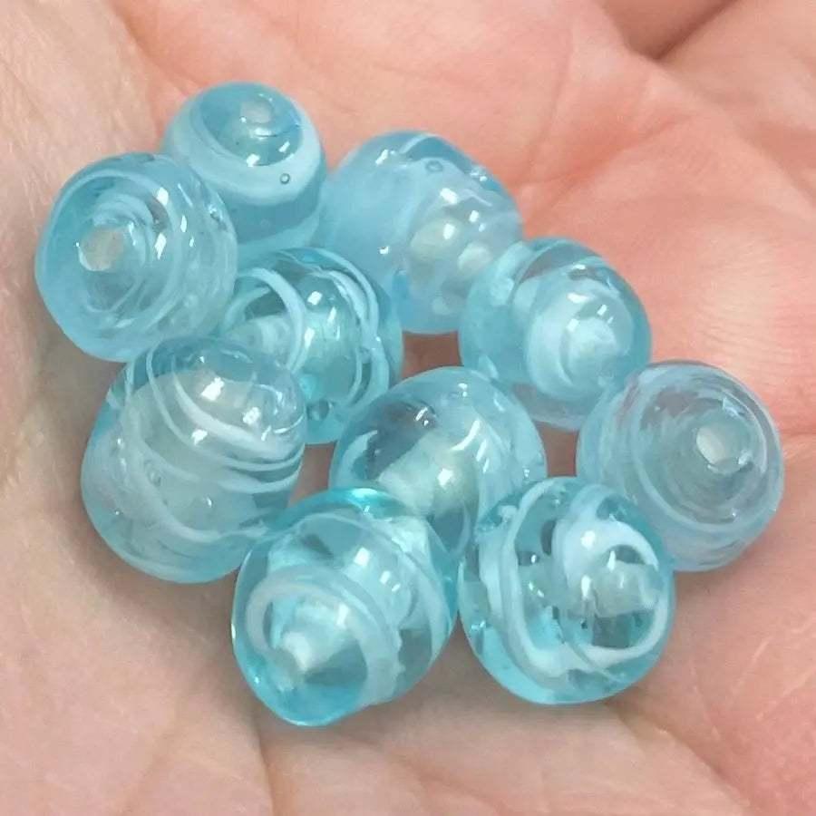 10 Vintage Blue Light Aqua Japan Striped Glass Beads - Sea Beads