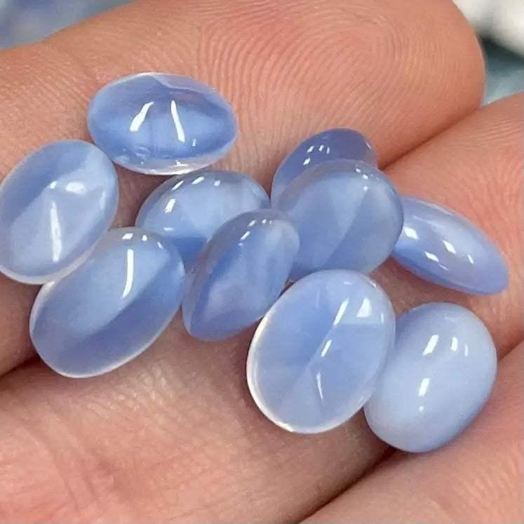 10 Vintage Blue Moonglow Oval Cushion Back Glass Stones - Sea Beads