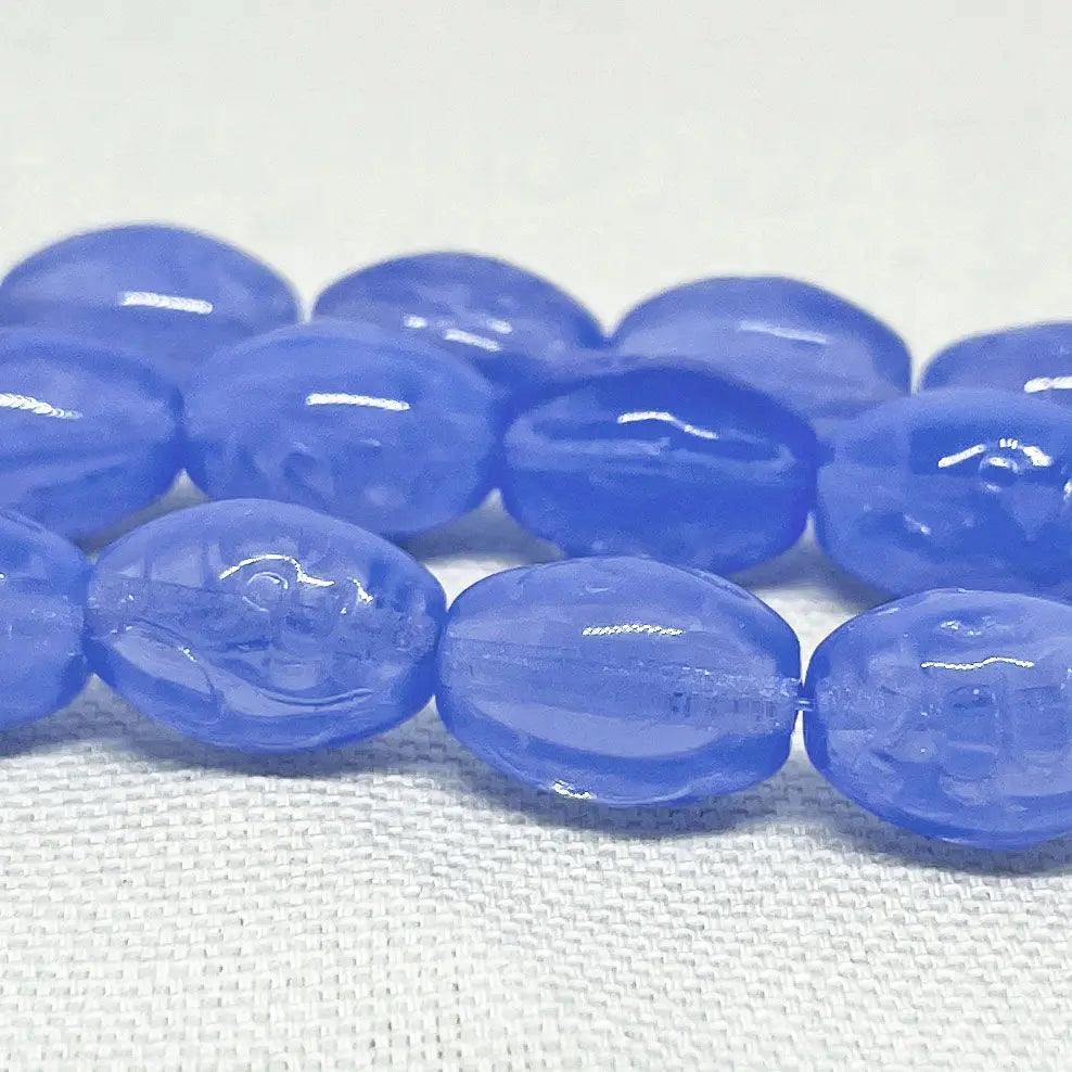 10 Vintage Blue Opal Etched Oval Glass Beads - Sea Beads