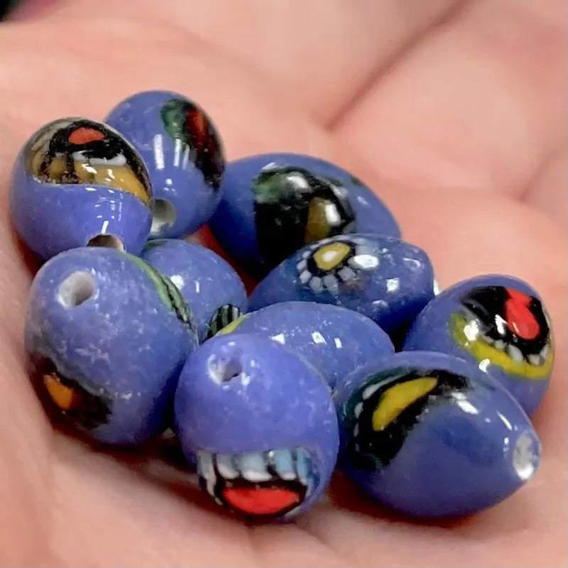 10 Vintage Blue Periwinkle Japan Millefiori Oval Glass Beads - Sea Beads