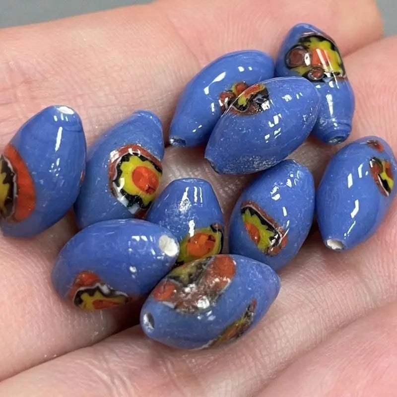 10 Vintage Blue Periwinkle Japan Millefiori Opaque Oval Glass Beads - Sea Beads